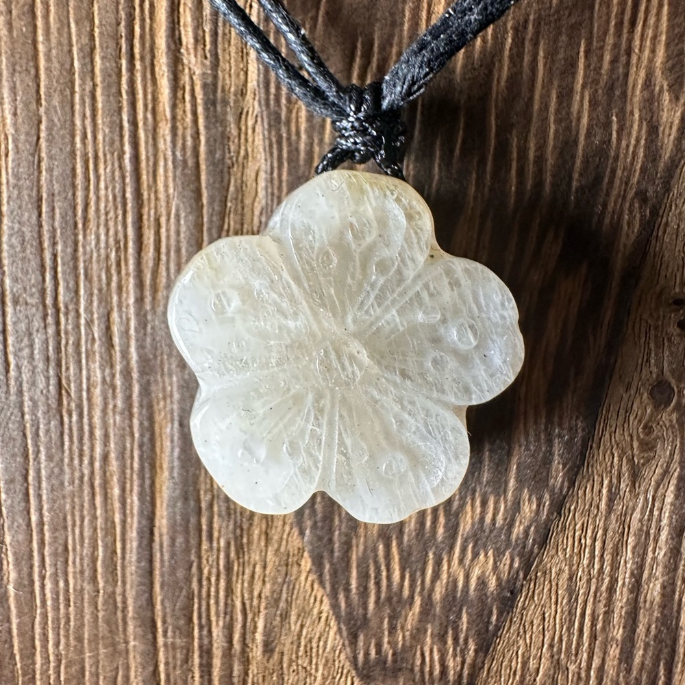 Small Moonstone Flower Pendant Necklace on Black Rope, Subtle Blue Flash - Picture 4 of 15